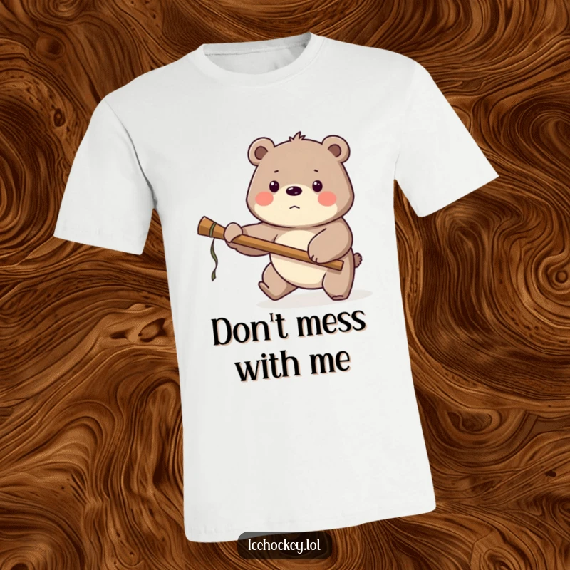 Funny Bear Hockey Goalie T-Shirt: A proud bear stands tall, guarding the net with a large stick in a humorous hockey design.