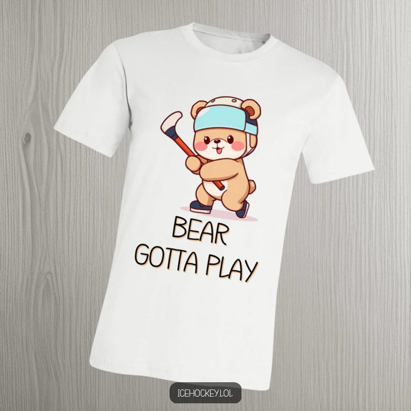 Funny Bear T-Shirt: A jovial bear dons a helmet and swings a hockey stick, ready for some playful action.