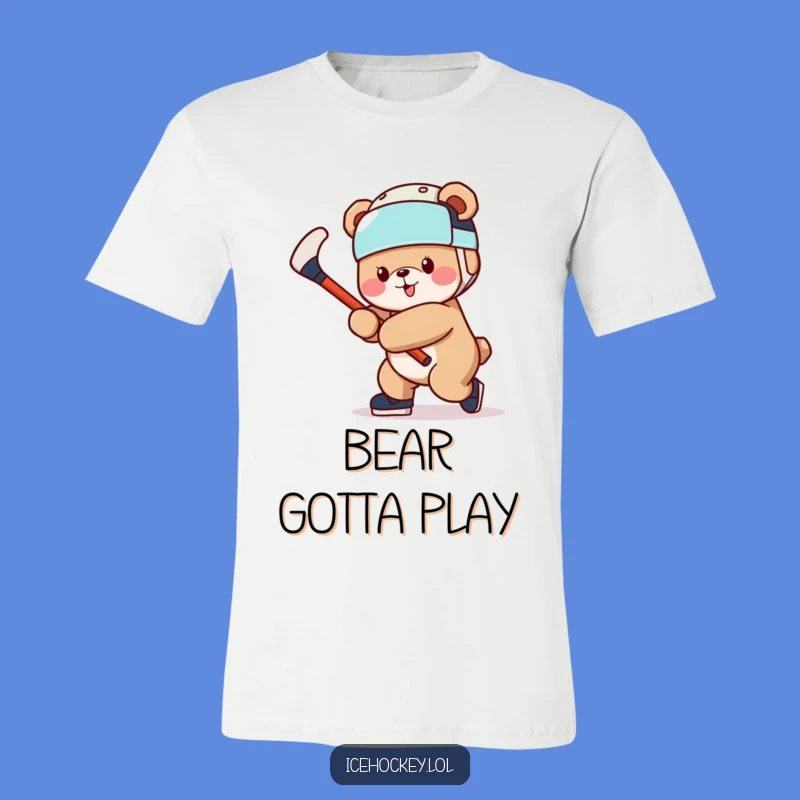 Funny Bear Hockey T-Shirt: Cheerful Bear Swinging Stick Gift!