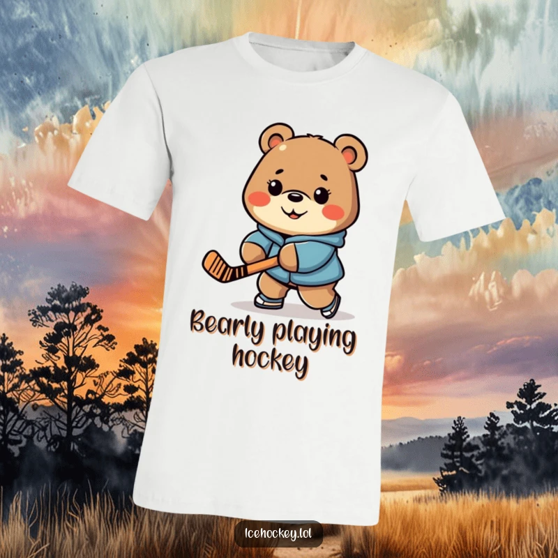 Funny t-shirt portraying a cheerful bear with a determined look, expertly stick-handling a hockey puck.