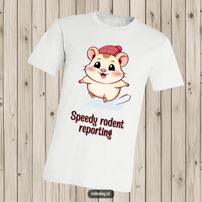Funny hamster t-shirt showing a smiling hamster in full sprint across ice, radiating speed and happy energy.