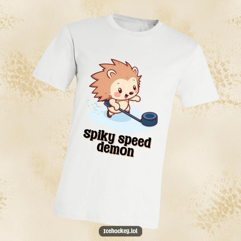 Funny t-shirt print of a speedy hedgehog zipping across ice, puck in tow, in a dynamic hockey move.