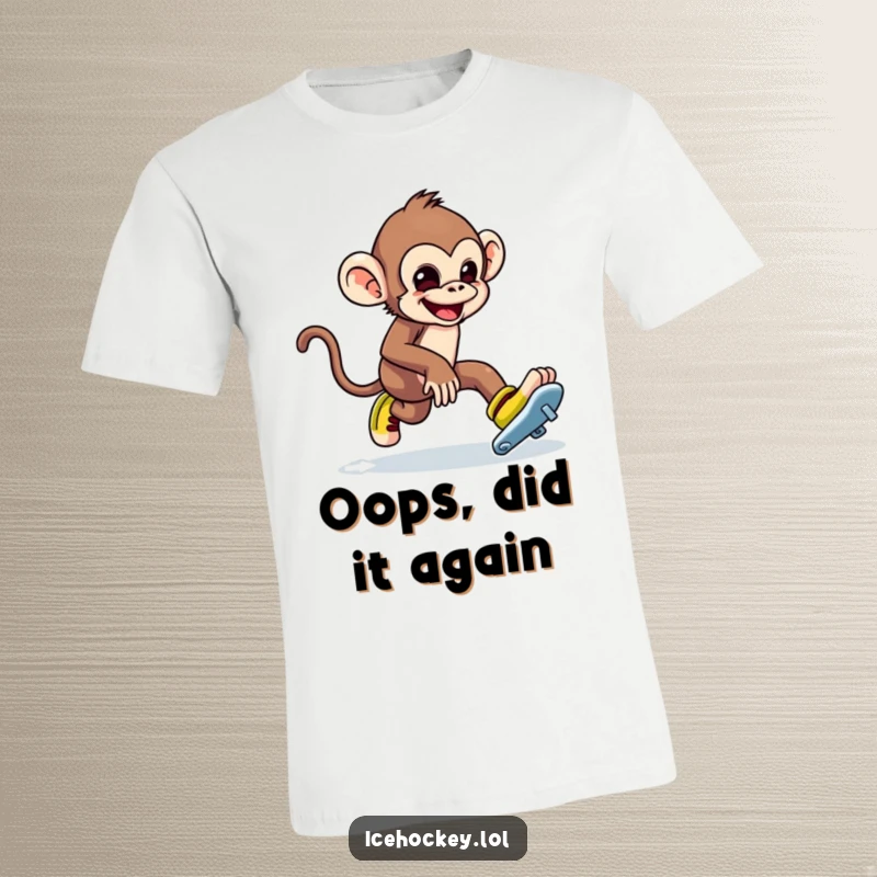 Funny t-shirt with a mischievous monkey tripping over its own ice skates, a comical fall. A humorous item.