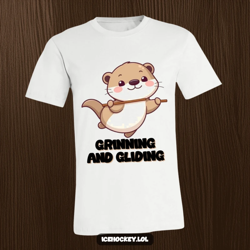 Funny T-Shirt depicting a playful otter gliding smoothly with its hockey stick, sporting a cheerful grin.