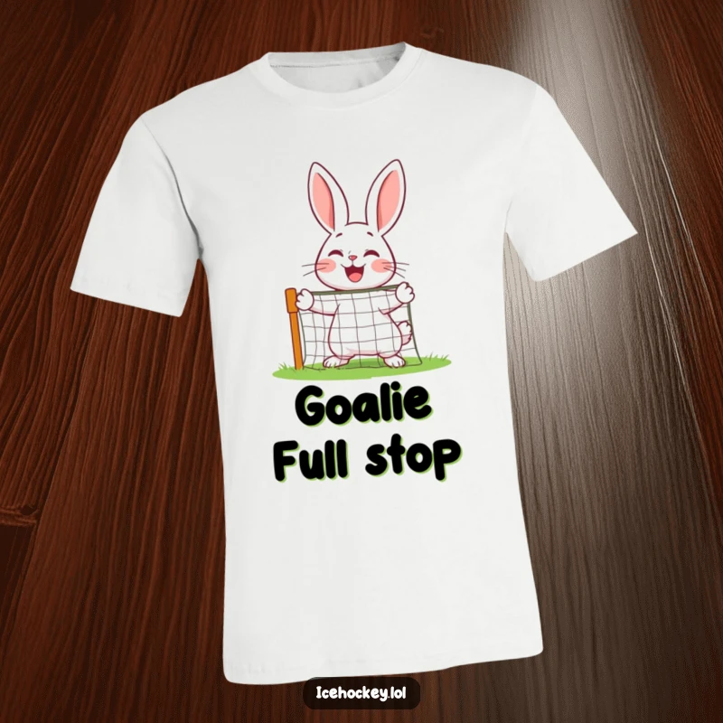 Funny cheerful rabbit actively defending a miniature net with pure joy on a t-shirt.
