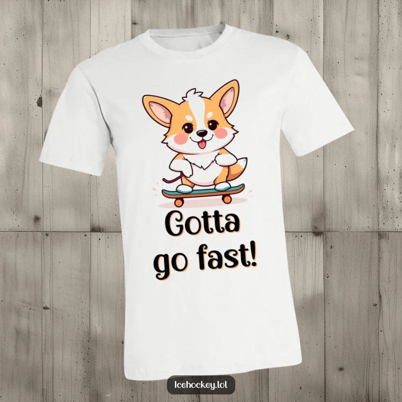 Funny t-shirt featuring a determined corgi expertly skating on roller skates with intense focus, ideal for pet lovers.