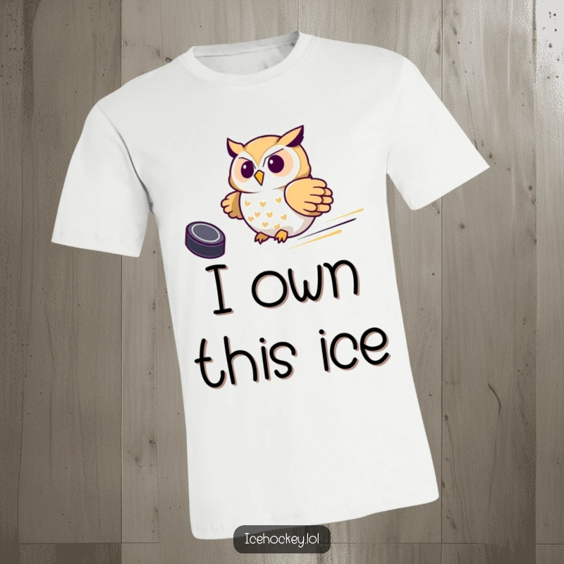 Funny Owl Hockey T-Shirt, a proud owl swiftly sliding with a puck, embodying the spirit of a skilled hockey player.