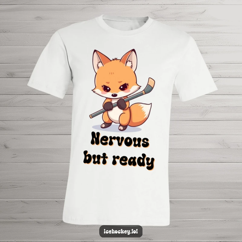 Funny shy fox t-shirt featuring a nervous fox gripping its hockey stick, capturing the relatable tension and humor of a player before the game.