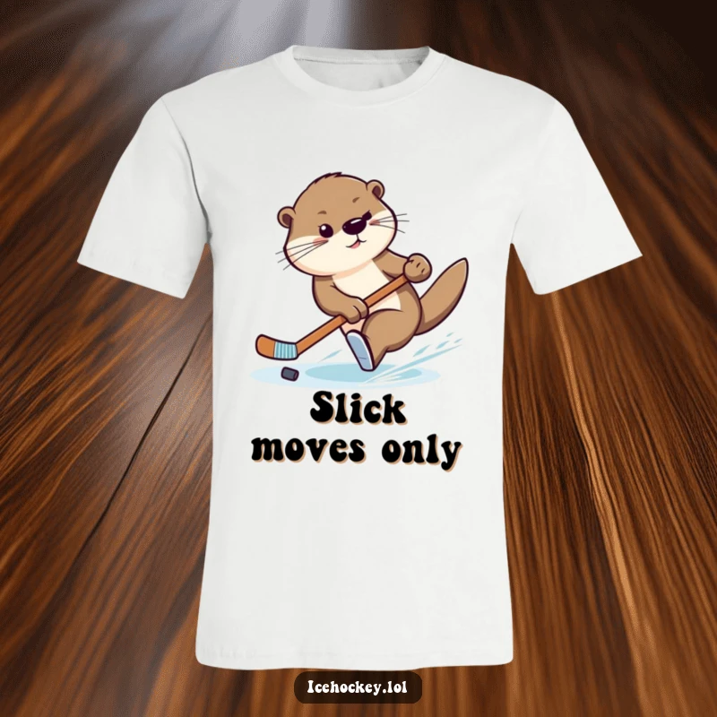 Funny t-shirt showing a graceful otter making a quick turn with a hockey stick, looking skilled and playful.