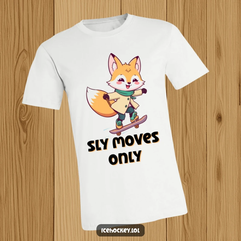 Funny T-Shirt with a joyful fox skating rapidly, stick held high in triumph, depicting cheerful motion and personality.