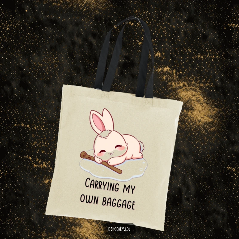 Funny tote bag showing a smiling rabbit sprawled on ice skates, stick dropped. A humorous accessory.