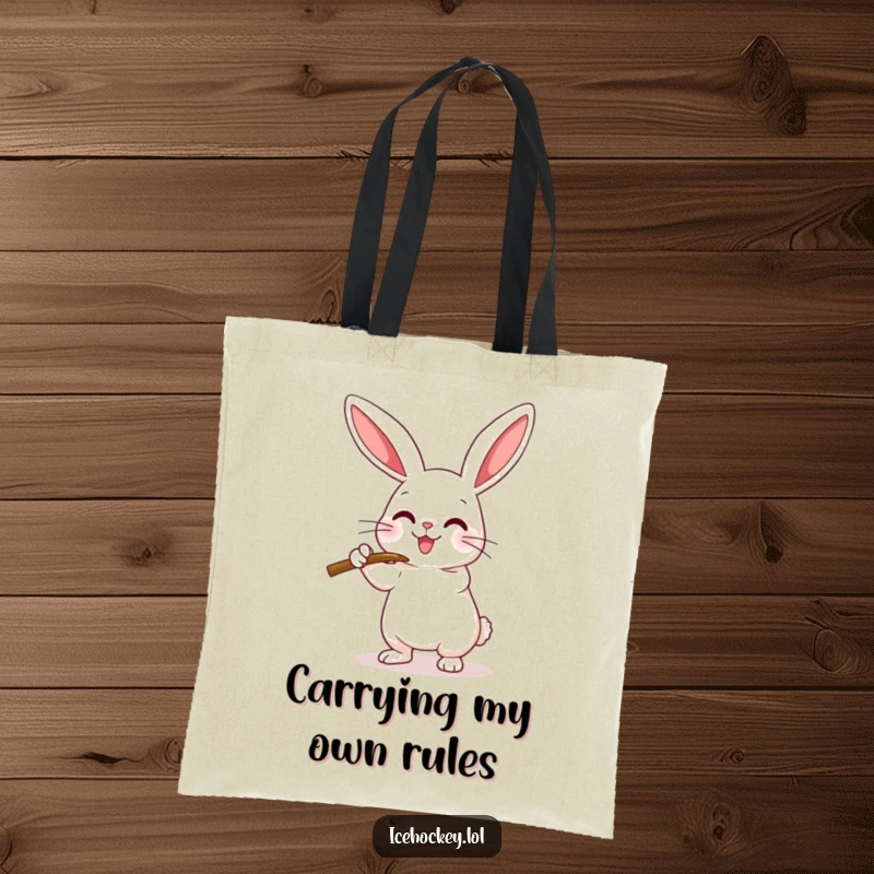 Funny Tote Bag with a happy rabbit playfully checking an imaginary opponent with its hockey stick, ready for action.
