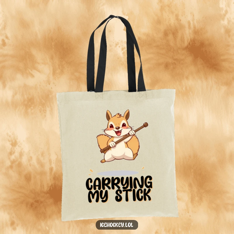 Funny squirrel tote bag, a determined squirrel leaps to block a shot with its stick, showcasing its goalie prowess with a comical, cheerful look.