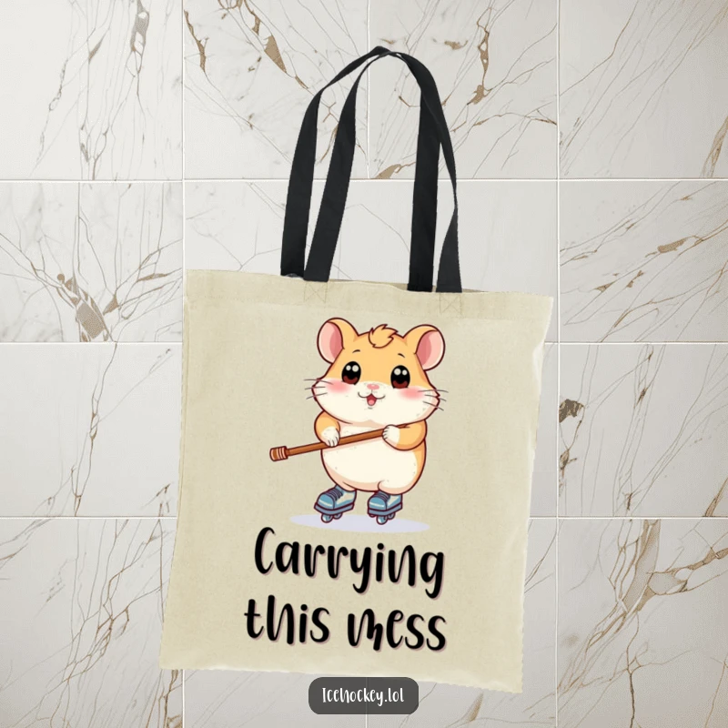 Funny tote bag with a plump hamster, wide eyes, balancing on skates and holding a stick, ready for errands.