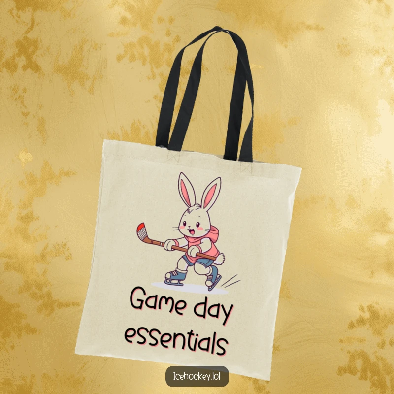Funny tote bag featuring a determined bunny skating with a hockey stick, ready for action with humorous enthusiasm.