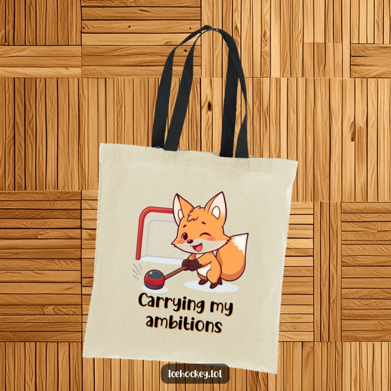 Funny tote bag featuring a determined smiling fox ready to shoot a hockey puck, showcasing sports enthusiasm and humor.