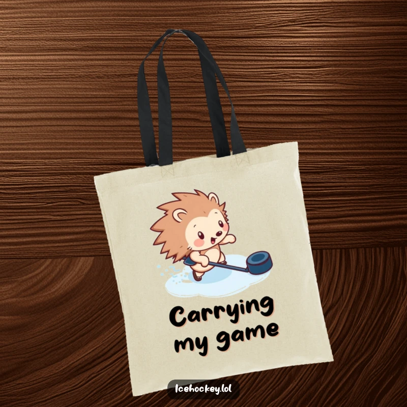 Funny tote bag featuring a hedgehog zipping across ice with a puck, perfect for carrying essentials with flair.