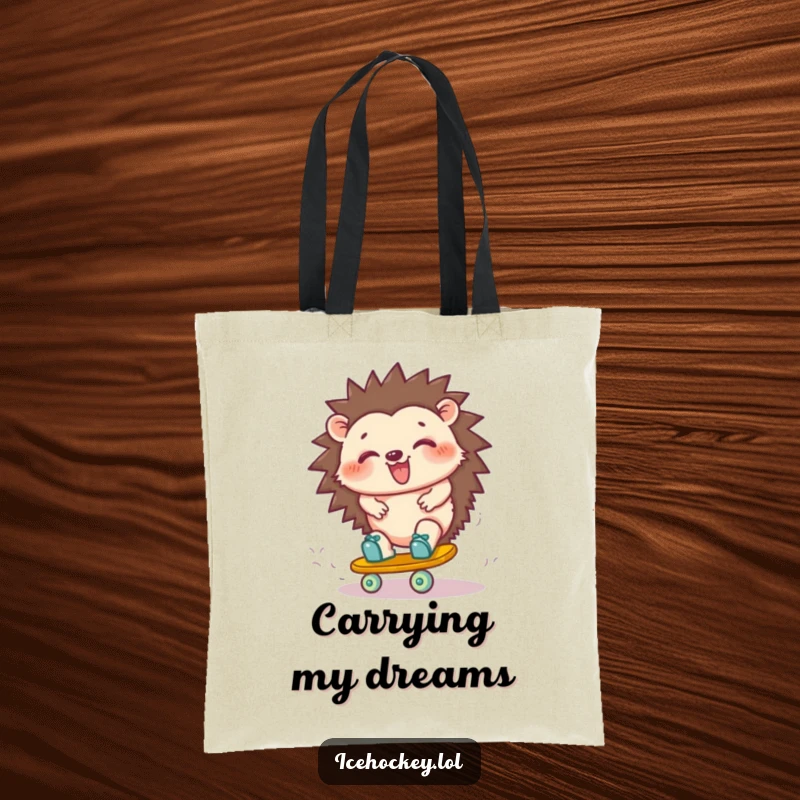 Funny hedgehog tote bag: a cheerful hedgehog mid-wobble on roller skates, giggling as it attempts a turn, showcasing playful clumsiness.