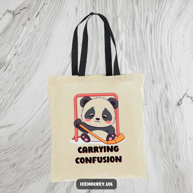 Funny tote bag featuring a contented panda cub looking confused while observing a hockey net, conveying sweet innocence.