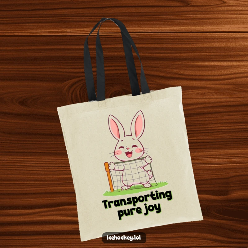 Funny rabbit energetically defending a miniature net on a tote bag, showcasing joyful sporty vibes.