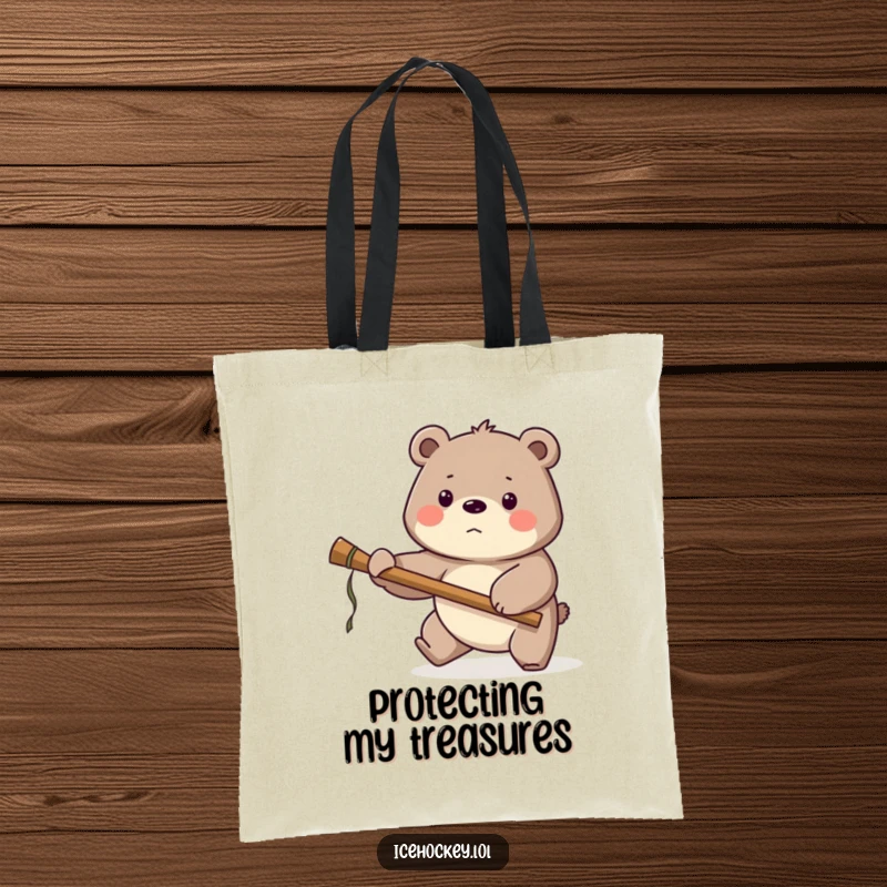 Funny Bear Hockey Tote Bag: A proud bear guards the net with a large stick, making this tote bag a humorous and practical carry-all.